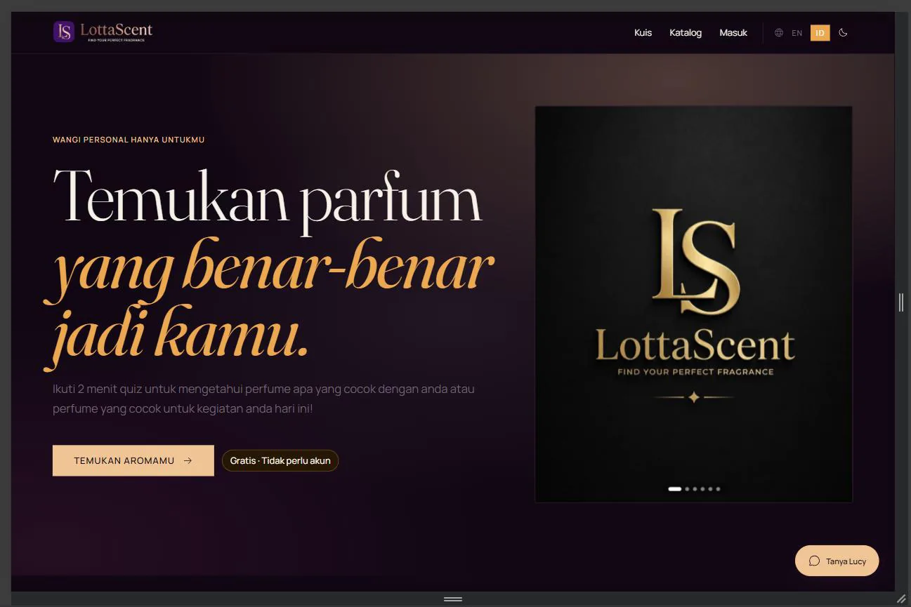 LottaScent home page in dark plum and gold, with an Indonesian headline and a call to take the fragrance quiz.