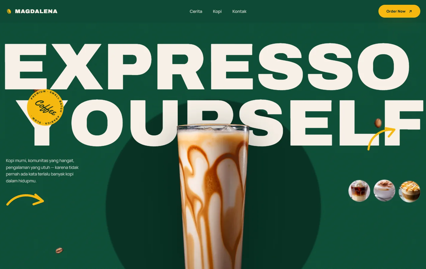 Magdalena Coffee home page on deep green, with a giant cream headline reading Expresso Yourself, an iced latte in the centre, a yellow Coffee badge and an Order Now button.